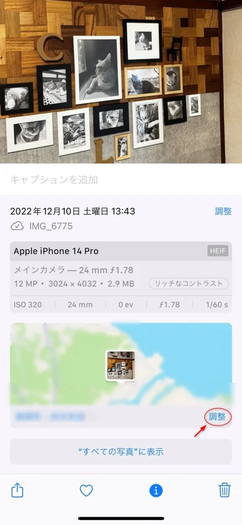 iPhoneの純正写真アプリで位置情報と撮影日を削除する方法