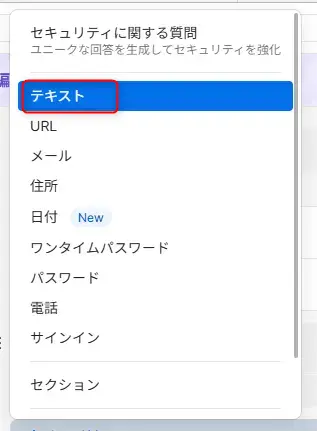 セキュリティ質問の選択肢 テキストが選択された状態