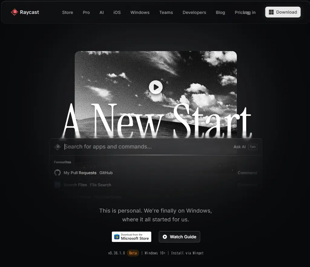RaycastアプリのWindows版を紹介する画面 新しいスタートという文字が表示されている